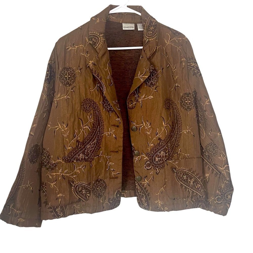 Chico's Womens Size 2 large Brown Paisley Embroidered Jacket Blazer